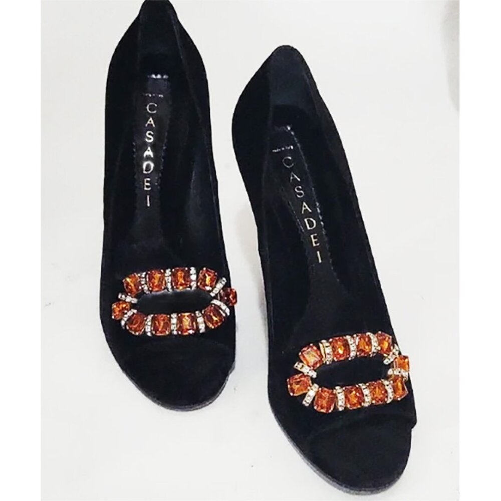 Vintage Casadei Black Women's Shoes with Orange Embellishments Italy 8 B